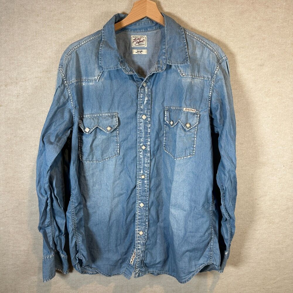 Lucky Brand Dungarees Denim Western Snap Shirt Mens Large Long Sleeve Faded